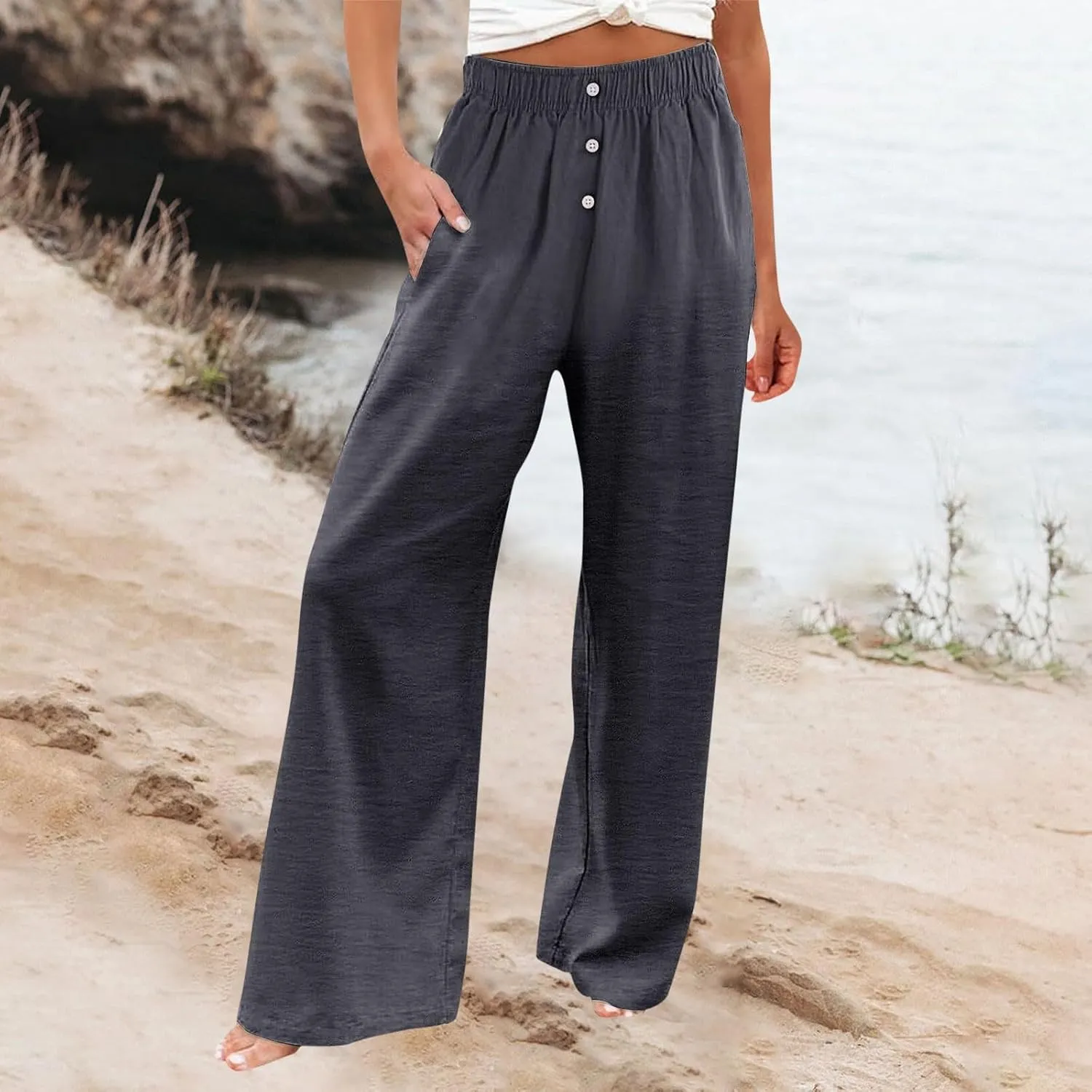 Women's Pants, High Waisted Straight Leg Linen Pants Oversized Wide Sweatpants Lounge