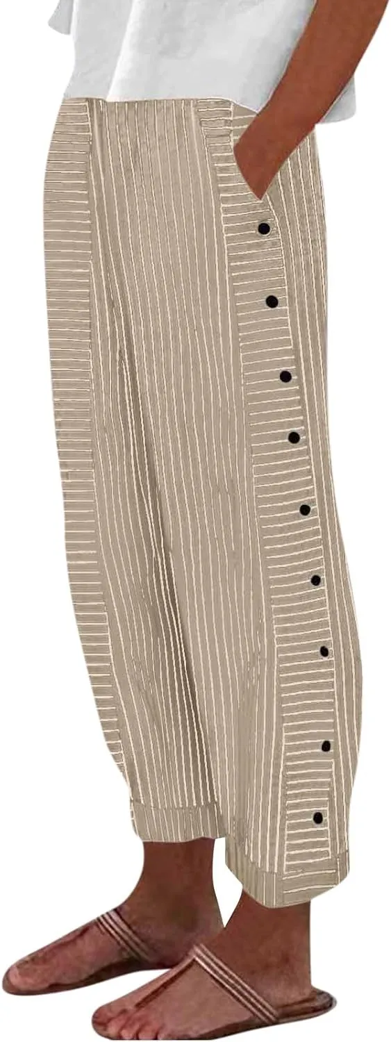 Womens Pants, Linen Print Straight Leg Peasant Pants Casual Cotton High Waist