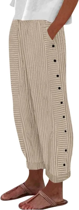 Womens Pants, Linen Print Straight Leg Peasant Pants Casual Cotton High Waist