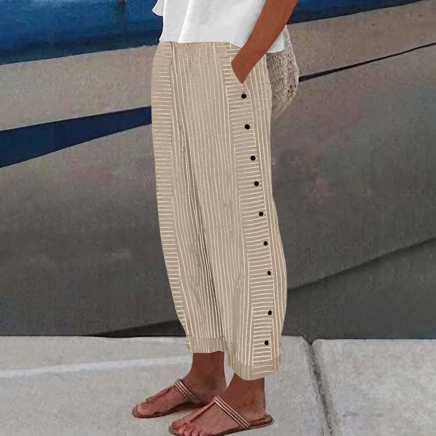 Womens Pants, Linen Print Straight Leg Peasant Pants Casual Cotton High Waist