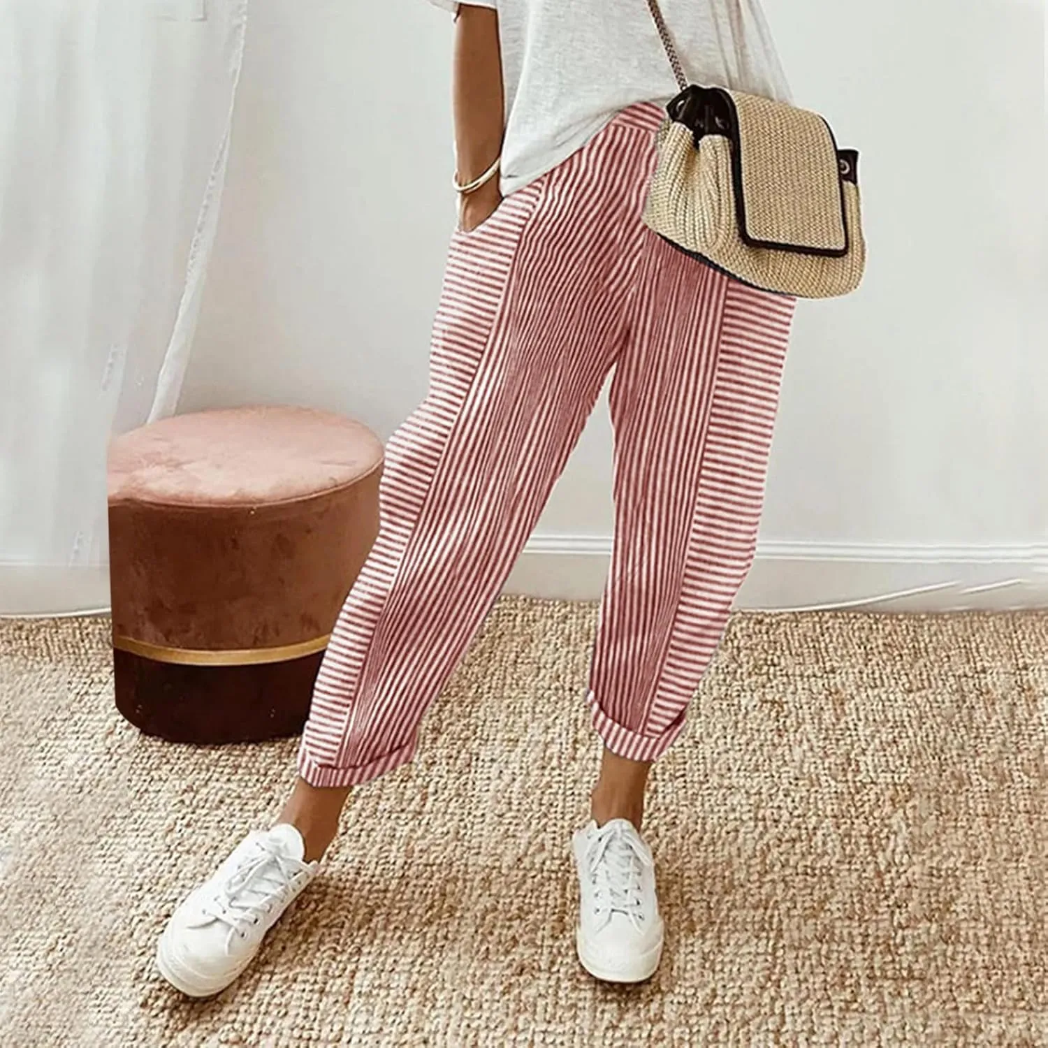 Womens Pants, Linen Straight Leg Casual Pants Peasant Drawstring Solid Color Trendy