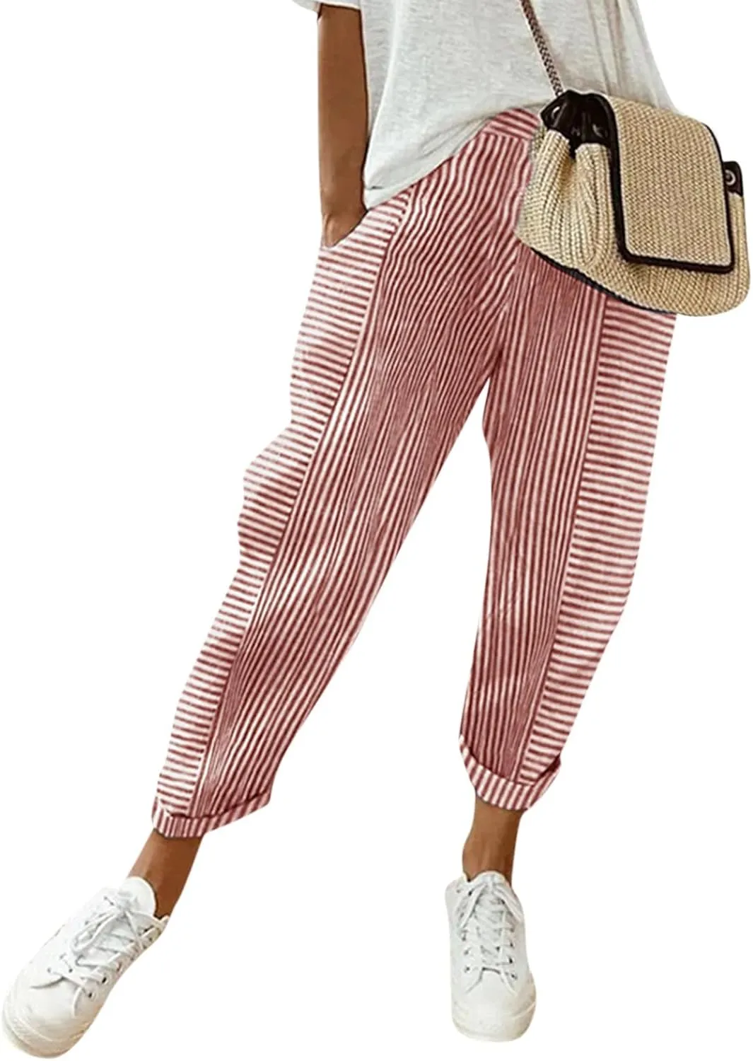 Womens Pants, Linen Straight Leg Casual Pants Peasant Drawstring Solid Color Trendy