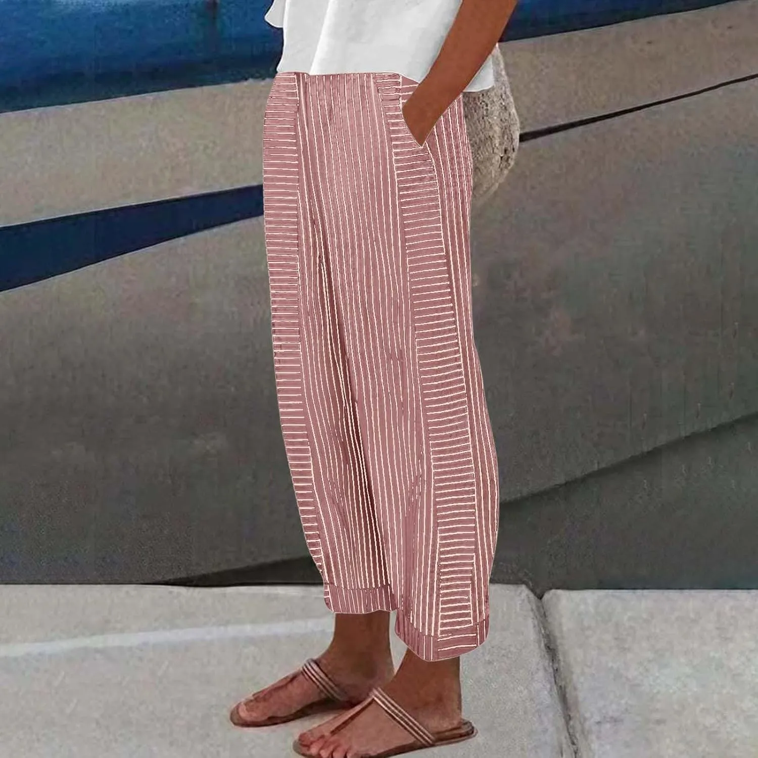 Womens Pants, Linen Straight Leg Casual Pants Peasant Drawstring Solid Color Trendy