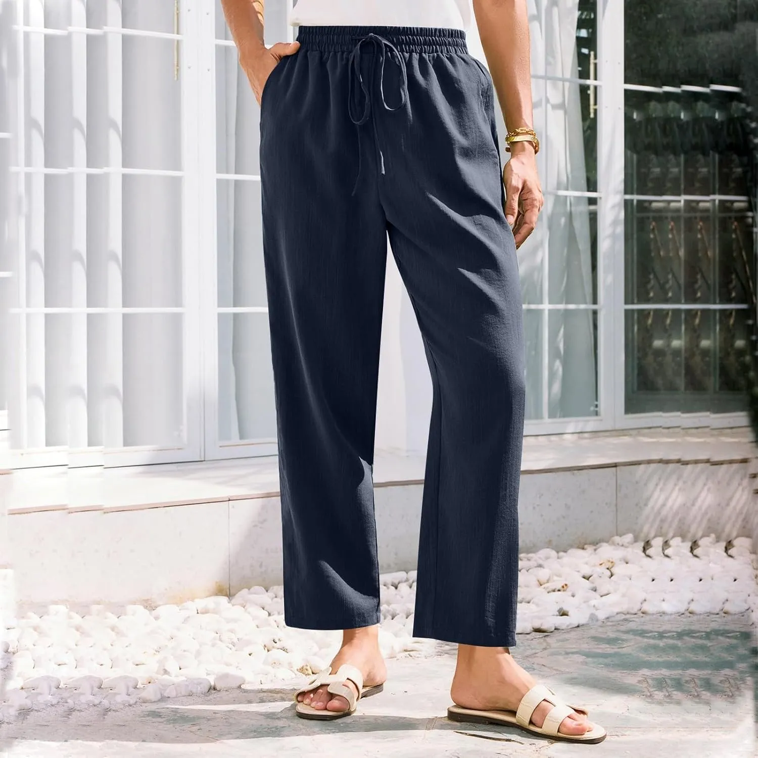 Womens Pants, Peasant Pants Straight Leg Linen Casual Loose 2025 Stretchy Elastic