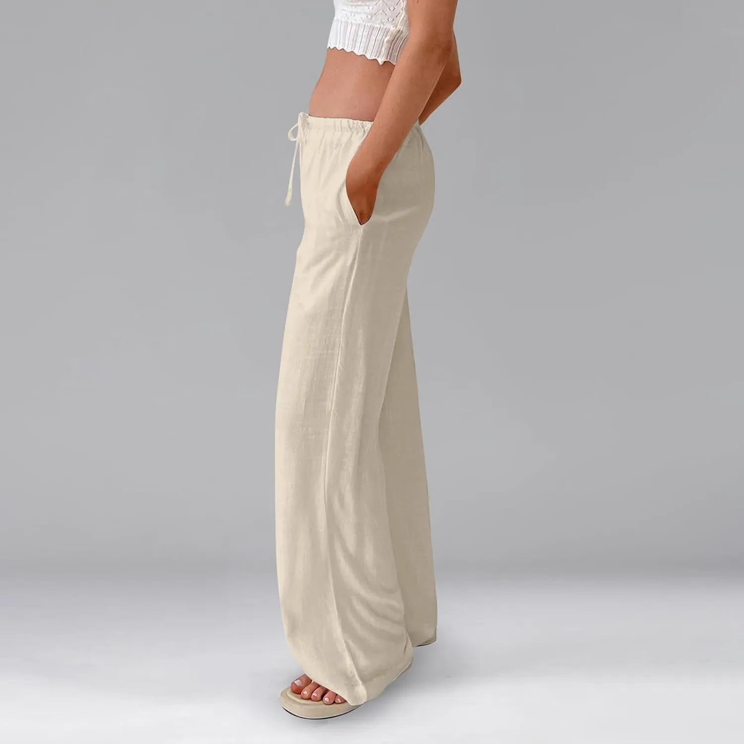 Womens Pants Wide Leg Linen Pants Drawstring High Waist Summer Beach Pant Lightweight Trouser with Pockets (S-2Xl)