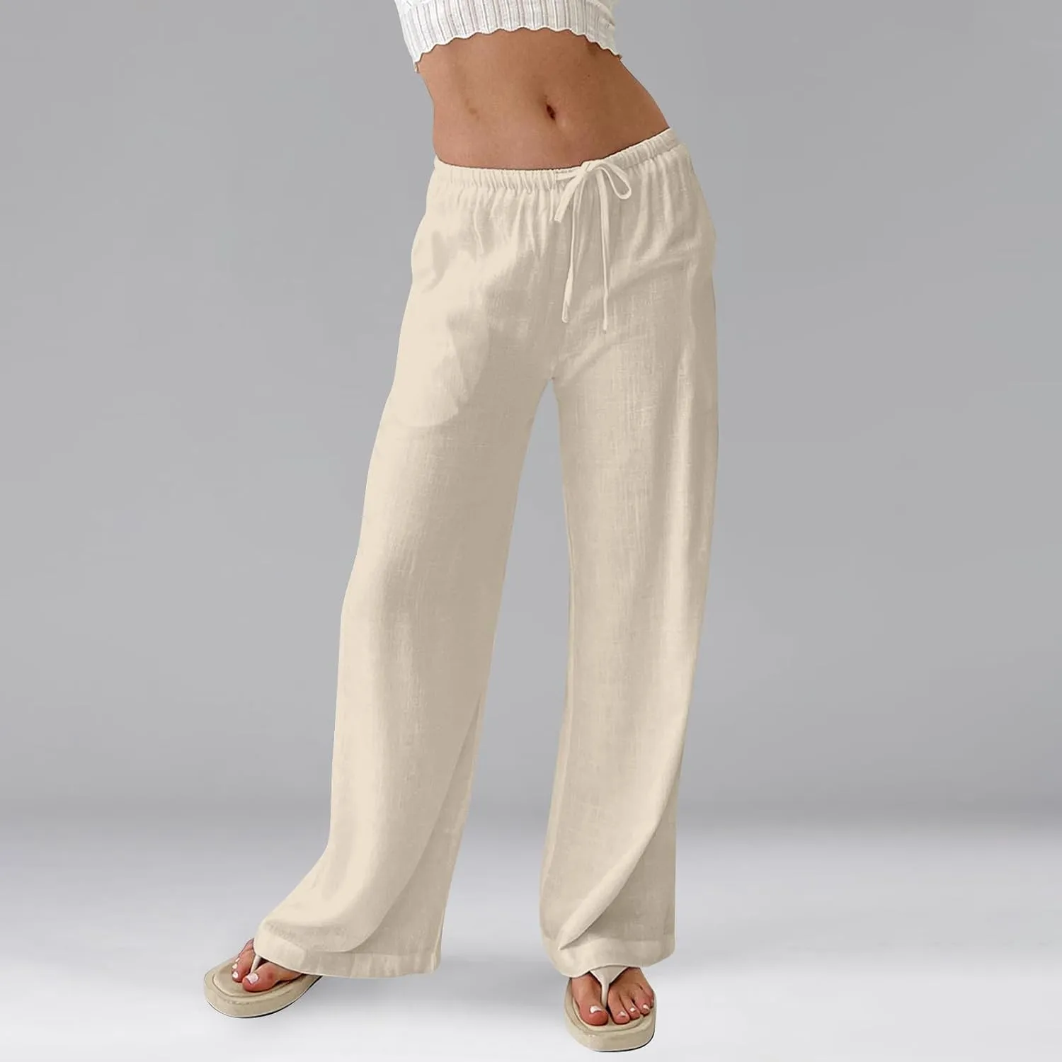 Womens Pants Wide Leg Linen Pants Drawstring High Waist Summer Beach Pant Lightweight Trouser with Pockets (S-2Xl)