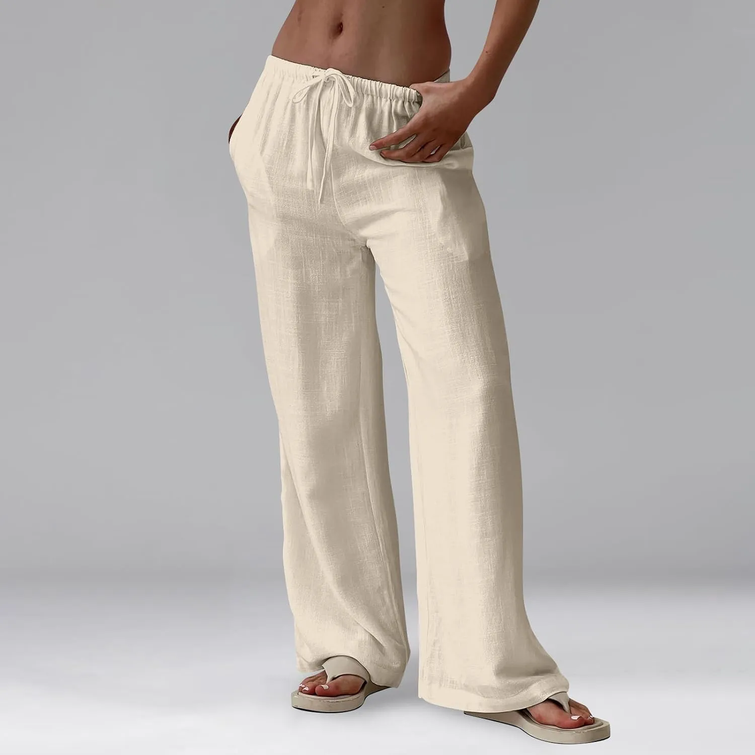 Womens Pants Wide Leg Linen Pants Drawstring High Waist Summer Beach Pant Lightweight Trouser with Pockets (S-2Xl)