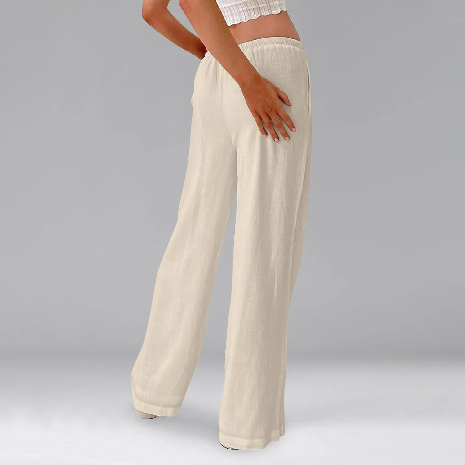 Womens Pants Wide Leg Linen Pants Drawstring High Waist Summer Beach Pant Lightweight Trouser with Pockets (S-2Xl)