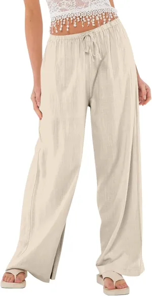 Womens Pants Wide Leg Linen Pants Drawstring High Waist Summer Beach Pant Lightweight Trouser with Pockets (S-2Xl)