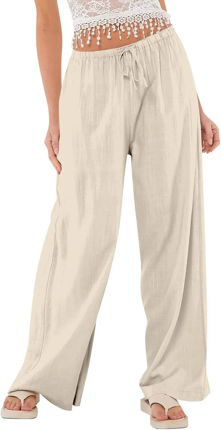 Womens Pants Wide Leg Linen Pants Drawstring High Waist Summer Beach Pant Lightweight Trouser with Pockets (S-2Xl)