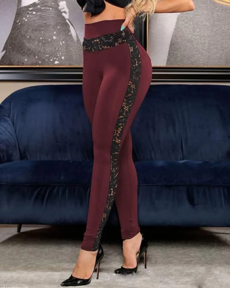 Women's Sexy Bodycon Lace Patchwork Leggings Casual High Waisted Lightweight Long Pants Clubwear