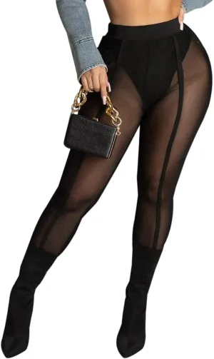 Women's Sexy See Through Sheer Mesh Pants Leggings High Waist Casual Sweatpants Tights