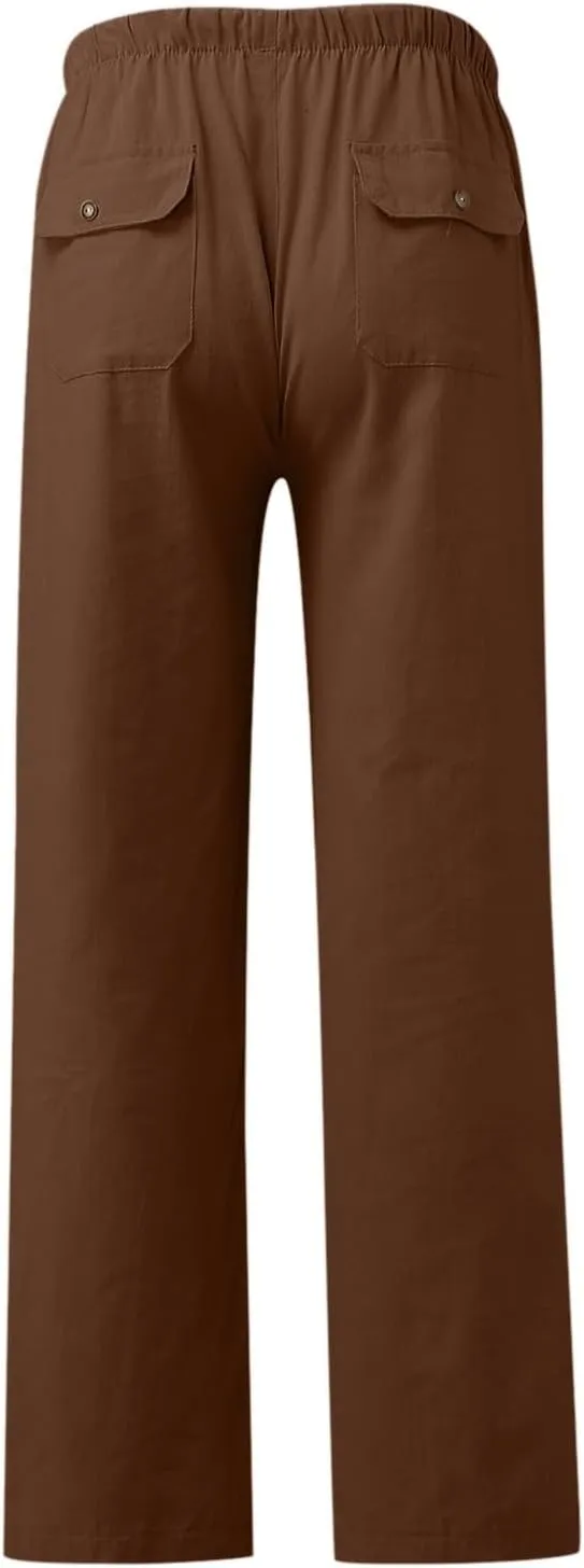 Womens Solid Color Cotton Linen Pants Summer Wide Leg Casual Loose Drawstring High Waist Palazzo Pants Vacation Yoga Trousers