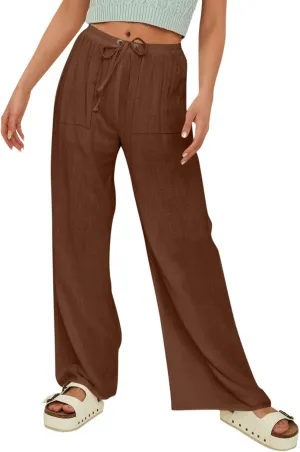 Womens Solid Color Cotton Linen Pants Summer Wide Leg Casual Loose Drawstring High Waist Palazzo Pants Vacation Yoga Trousers