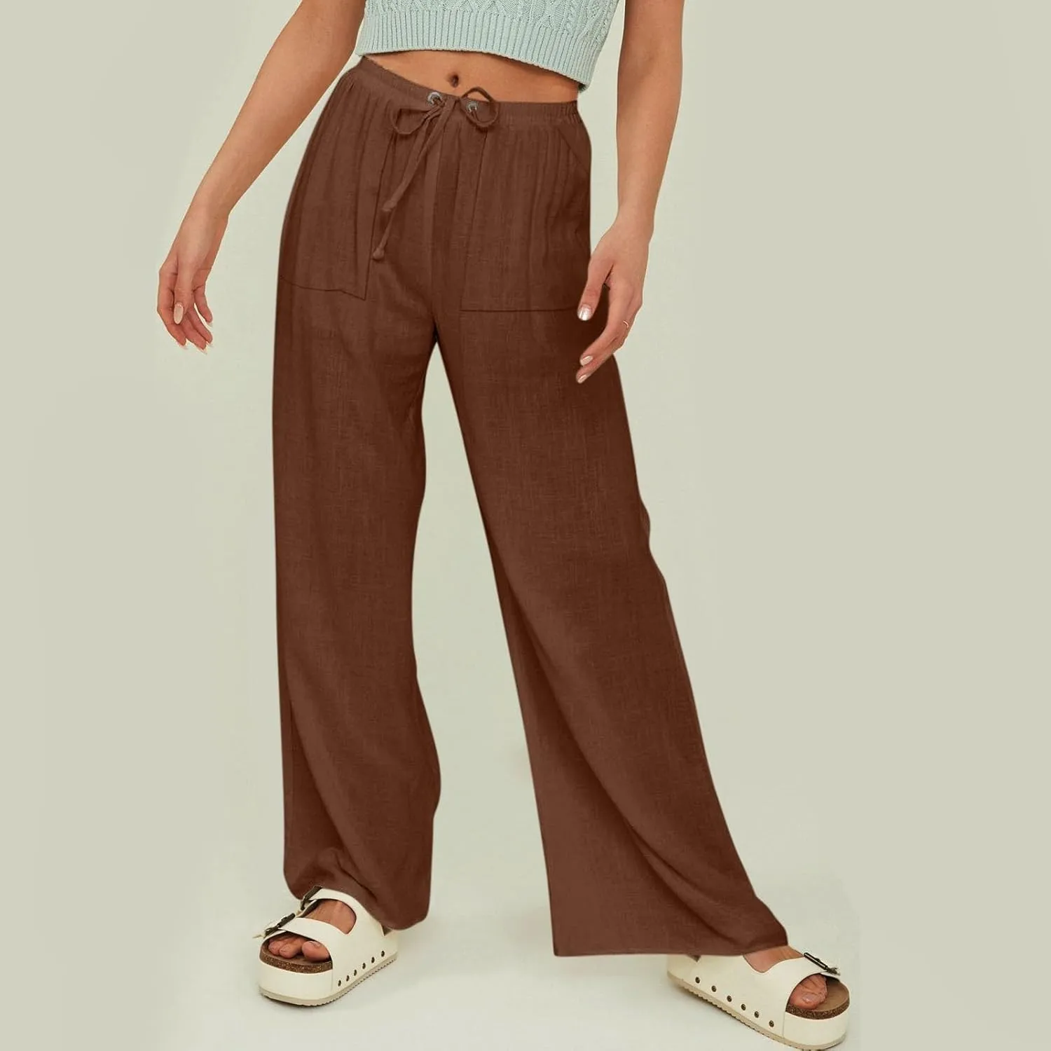 Womens Solid Color Cotton Linen Pants Summer Wide Leg Casual Loose Drawstring High Waist Palazzo Pants Vacation Yoga Trousers