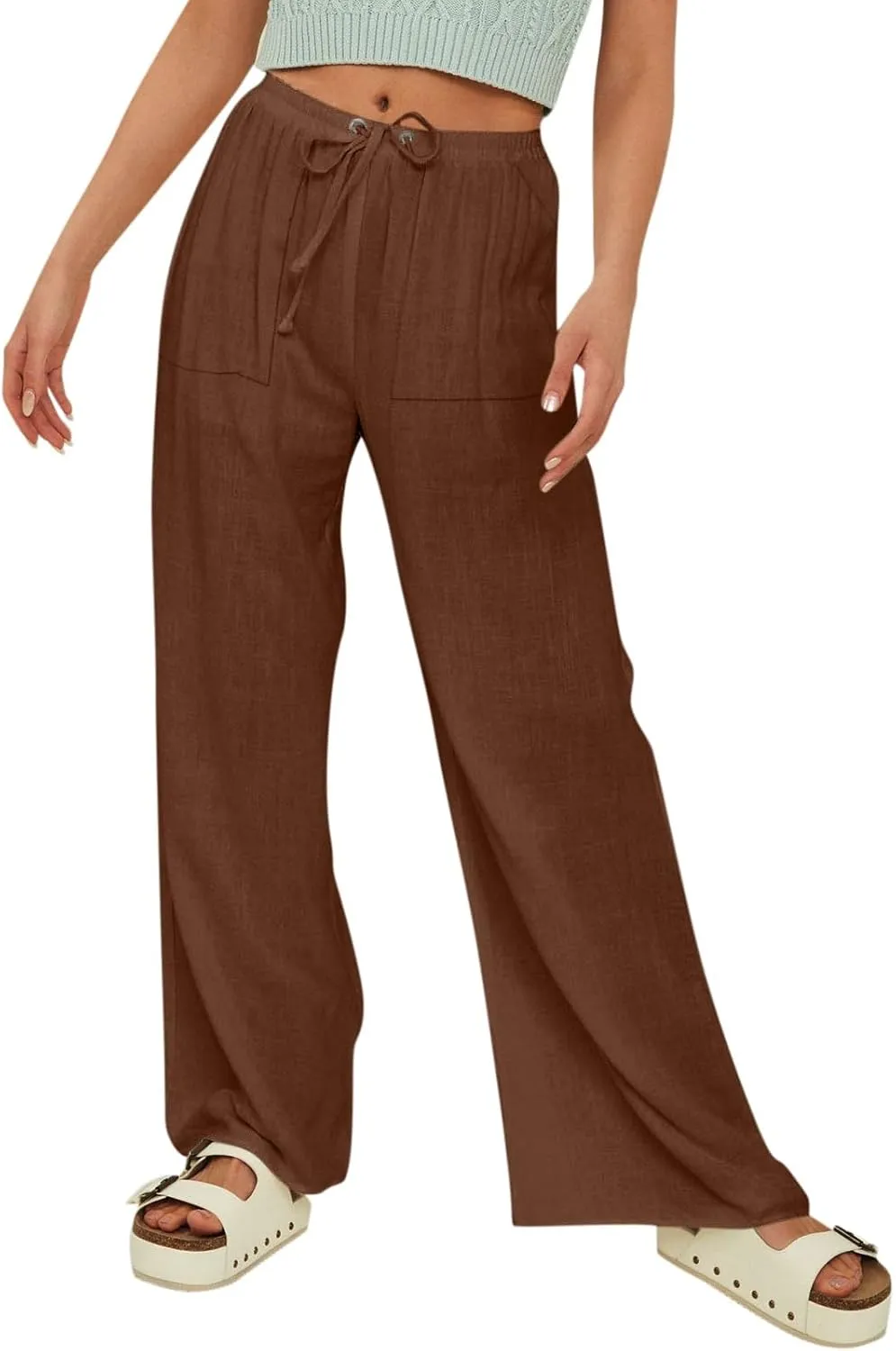 Womens Solid Color Cotton Linen Pants Summer Wide Leg Casual Loose Drawstring High Waist Palazzo Pants Vacation Yoga Trousers
