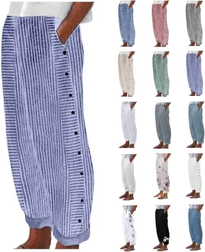 Womens Striped Pants Side Button Elastic Waist Straight Wide Leg Linen Pants Summer Lightweight Baggy Casual Trousers