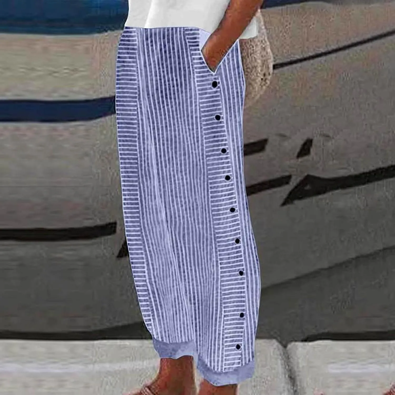 Womens Striped Pants Side Button Elastic Waist Straight Wide Leg Linen Pants Summer Lightweight Baggy Casual Trousers