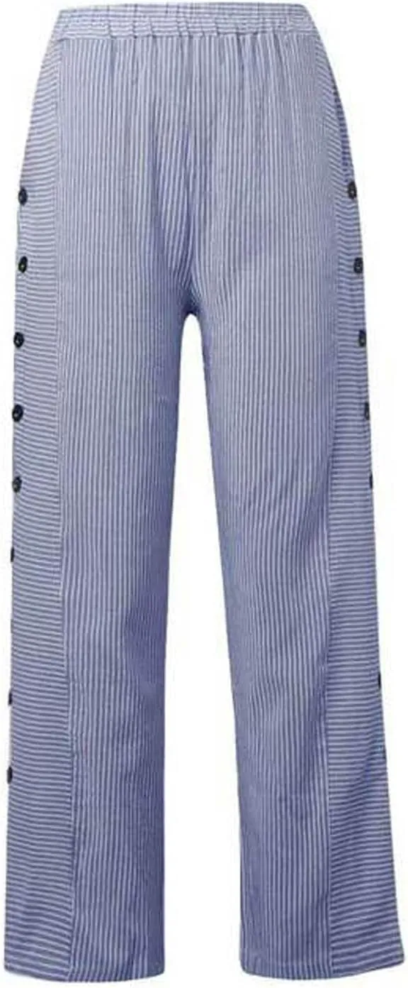 Womens Striped Pants Side Button Elastic Waist Straight Wide Leg Linen Pants Summer Lightweight Baggy Casual Trousers