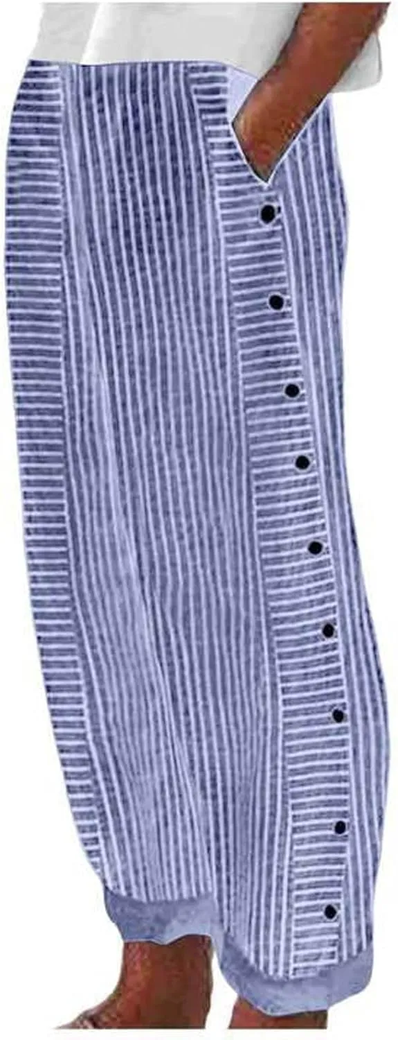 Womens Striped Pants Side Button Elastic Waist Straight Wide Leg Linen Pants Summer Lightweight Baggy Casual Trousers