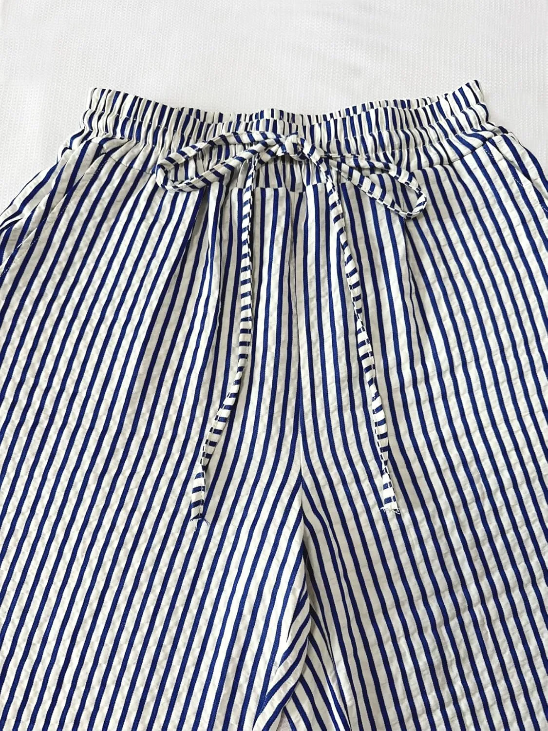 Women's Striped Print Straight Leg Long Pants High Waisted Wide Leg Drawstring Elastic Waist Trousers with Pockets