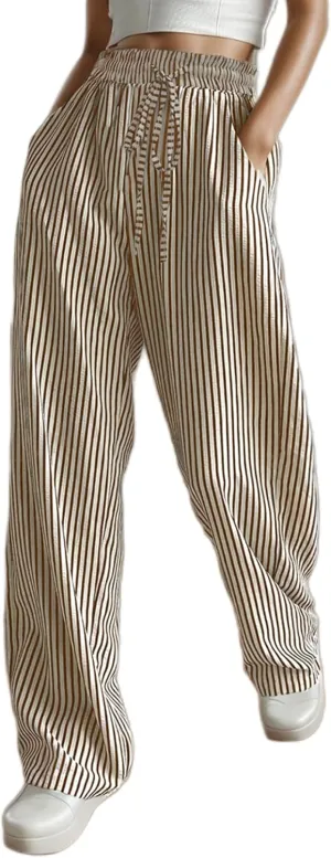 Women's Striped Print Straight Leg Long Pants High Waisted Wide Leg Drawstring Elastic Waist Trousers with Pockets