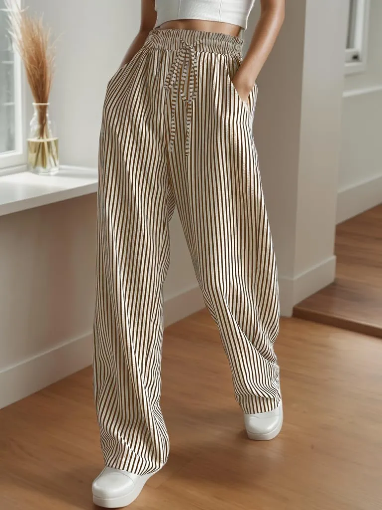 Women's Striped Print Straight Leg Long Pants High Waisted Wide Leg Drawstring Elastic Waist Trousers with Pockets