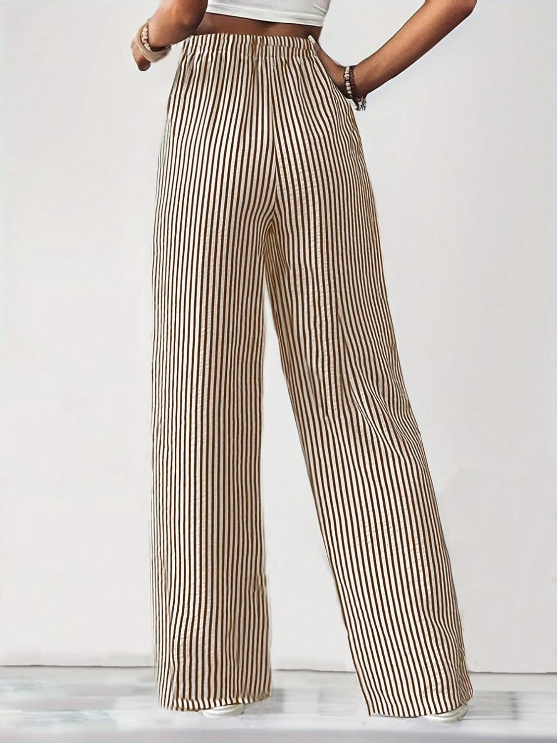 Women's Striped Print Straight Leg Long Pants High Waisted Wide Leg Drawstring Elastic Waist Trousers with Pockets