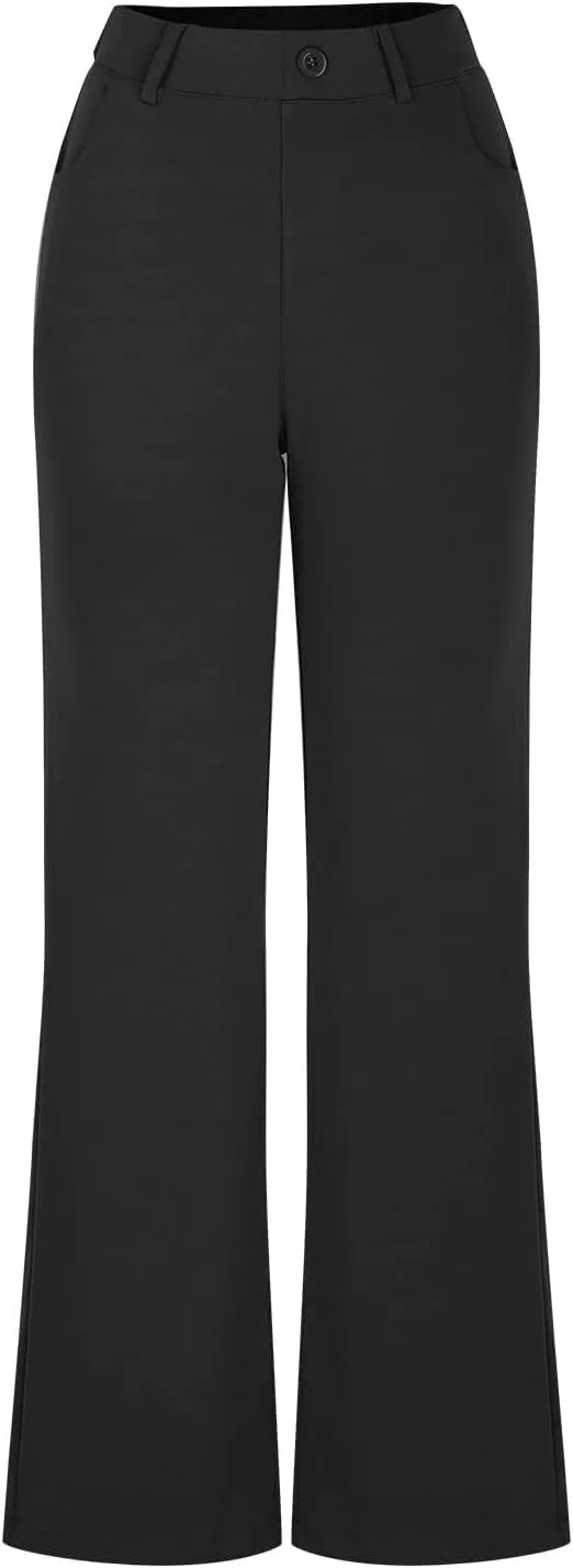 Womens Suit Pants Casual Elastic High Waist Button Wide Leg Pants Businenss Solid Color Bootcut Trouser with Pockets