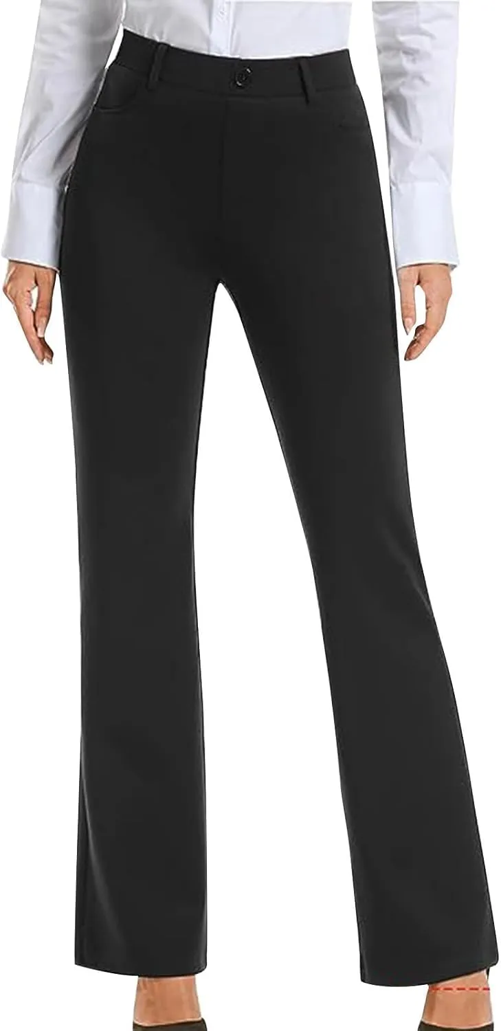 Womens Suit Pants Casual Elastic High Waist Button Wide Leg Pants Businenss Solid Color Bootcut Trouser with Pockets