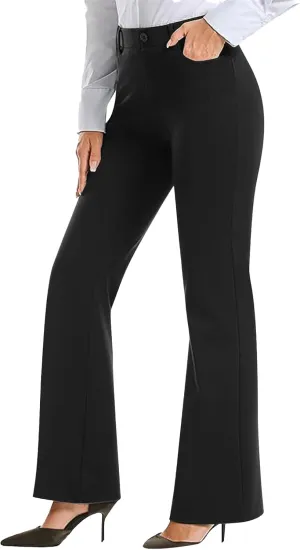 Womens Suit Pants Casual Elastic High Waist Button Wide Leg Pants Businenss Solid Color Bootcut Trouser with Pockets