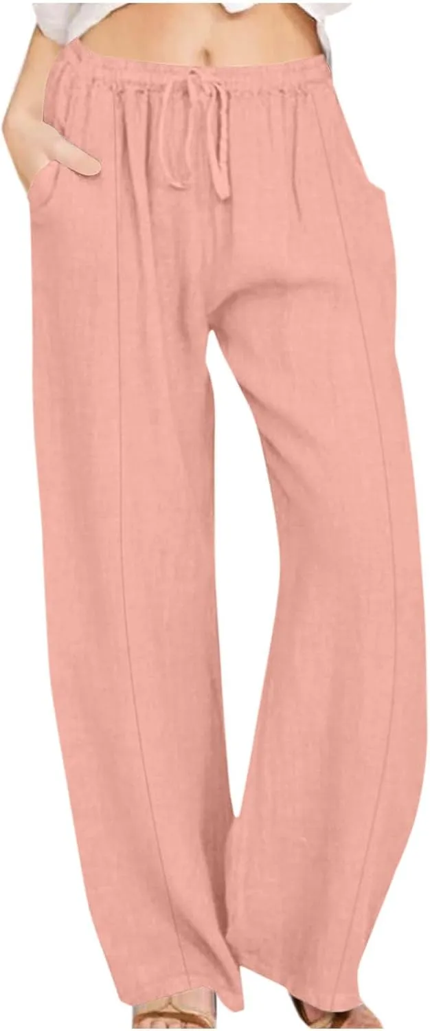 Women's Summer High Waist Baggy Pants, Loose Fit Cotton Linen Home Pants Casual Solid Elastic Waist Pocket Trouser