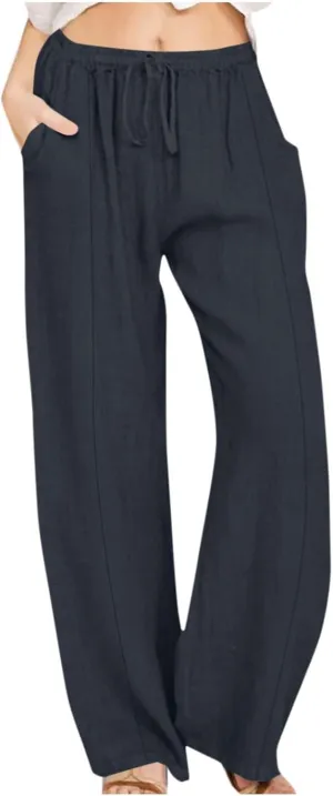 Women's Summer High Waist Baggy Pants, Loose Fit Cotton Linen Home Pants Casual Solid Elastic Waist Pocket Trouser