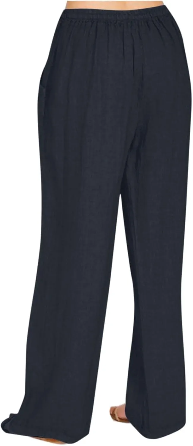Women's Summer High Waist Baggy Pants, Loose Fit Cotton Linen Home Pants Casual Solid Elastic Waist Pocket Trouser