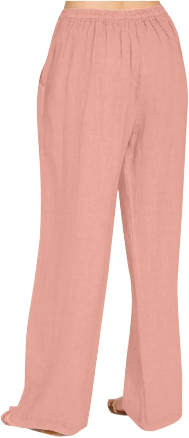Women's Summer High Waist Baggy Pants, Loose Fit Cotton Linen Home Pants Casual Solid Elastic Waist Pocket Trouser