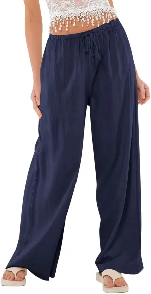 Womens Summer Pants Casual Cotton Linen Button 2025 Wide Leg Pants Beach High Rise Solid Fashion Trousers Cute Pockets