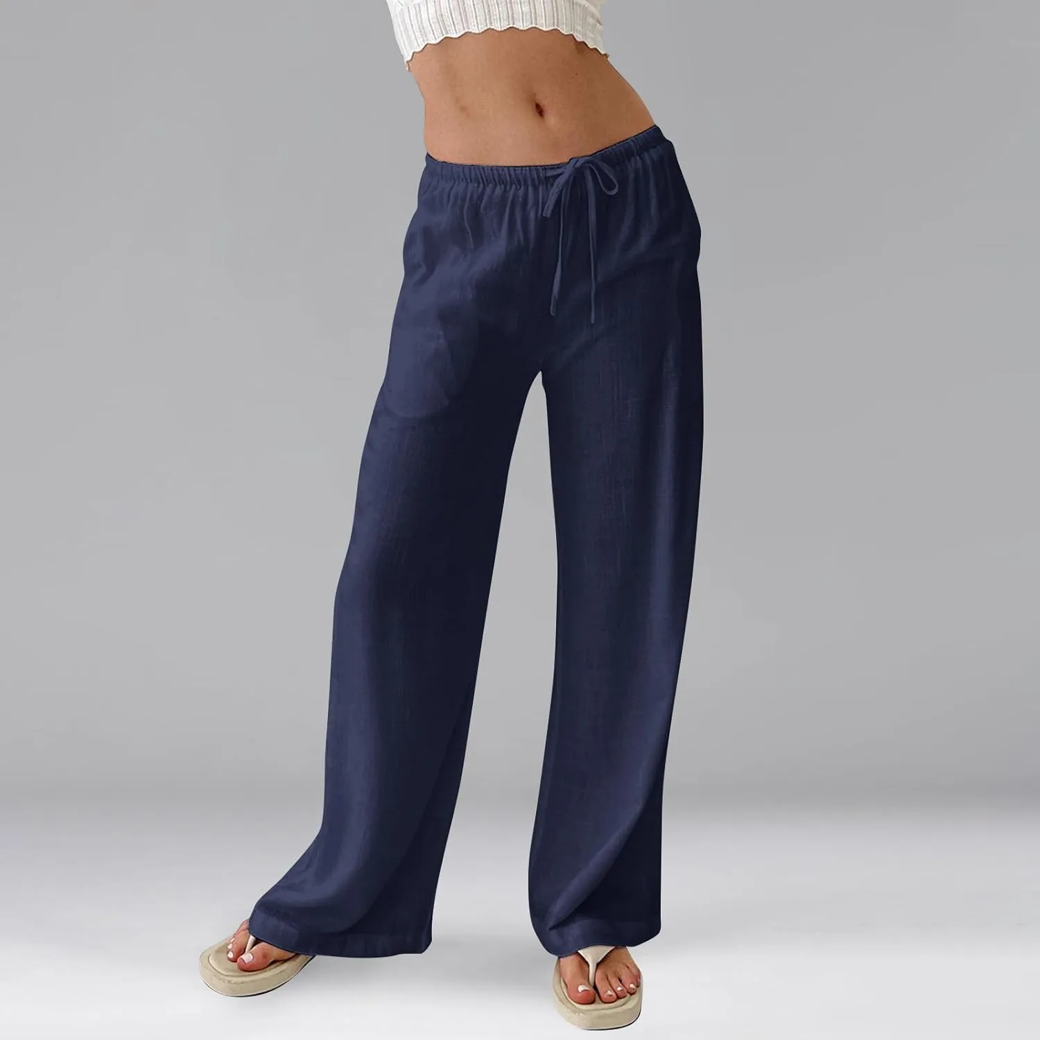 Womens Summer Pants Casual Cotton Linen Button 2025 Wide Leg Pants Beach High Rise Solid Fashion Trousers Cute Pockets