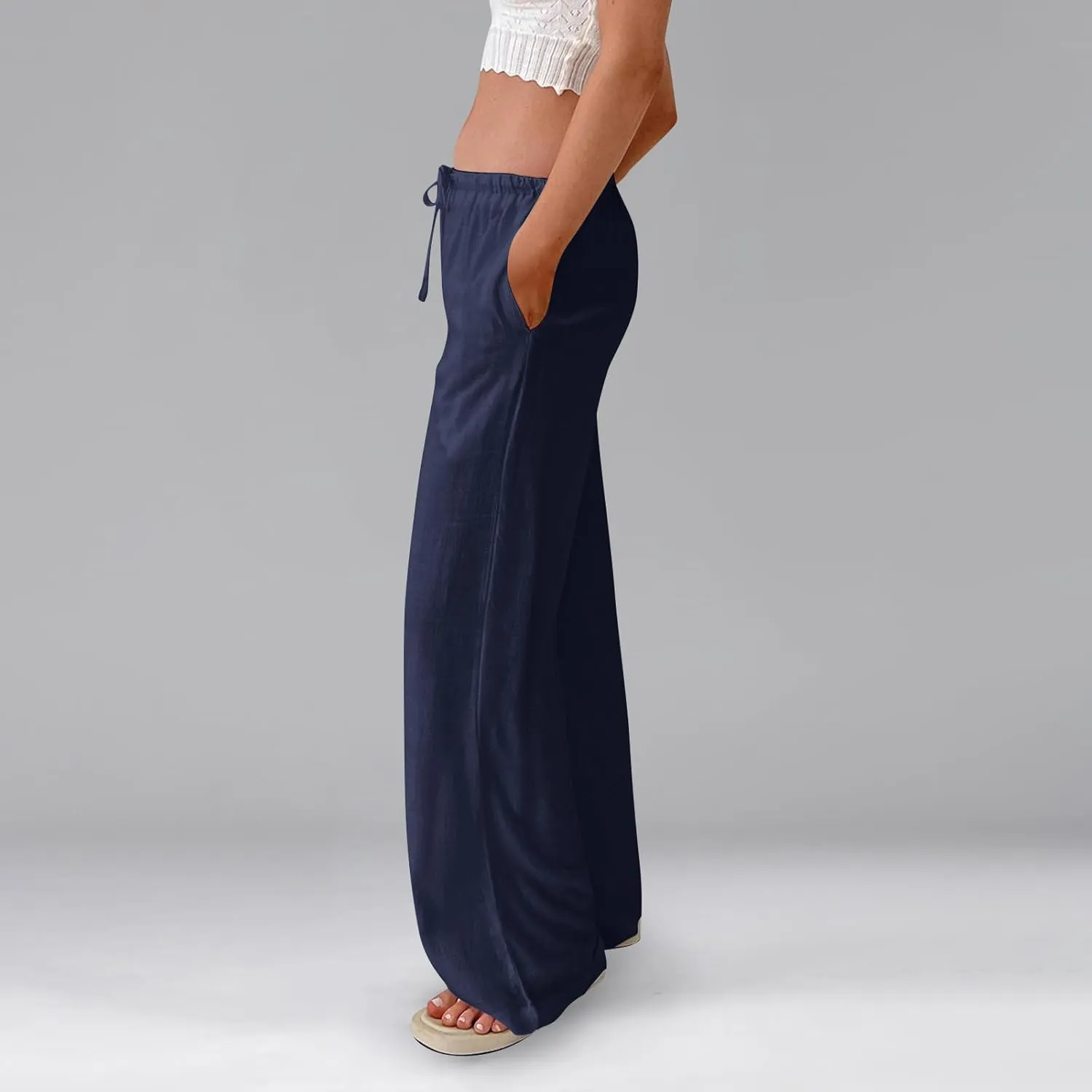 Womens Summer Pants Casual Cotton Linen Button 2025 Wide Leg Pants Beach High Rise Solid Fashion Trousers Cute Pockets