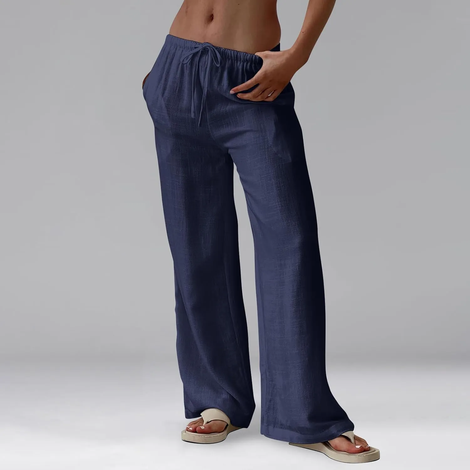 Womens Summer Pants Casual Cotton Linen Button 2025 Wide Leg Pants Beach High Rise Solid Fashion Trousers Cute Pockets