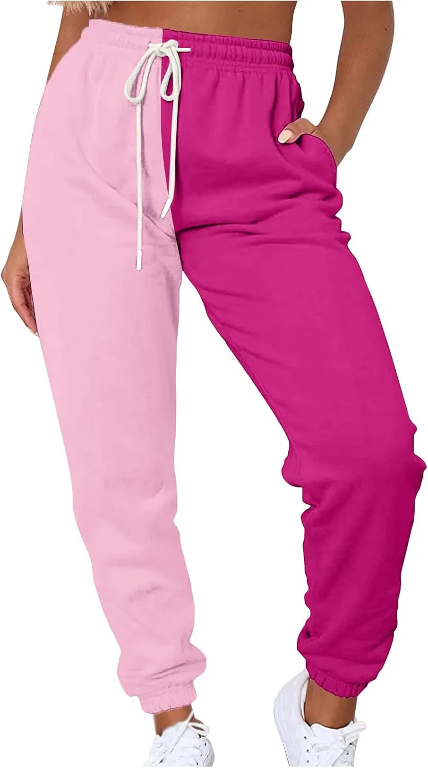 Women's Sweatpants Color Block Patchwork Trouser Elastic High Waist Joggers Baggy Pants with Multi-Pockets
