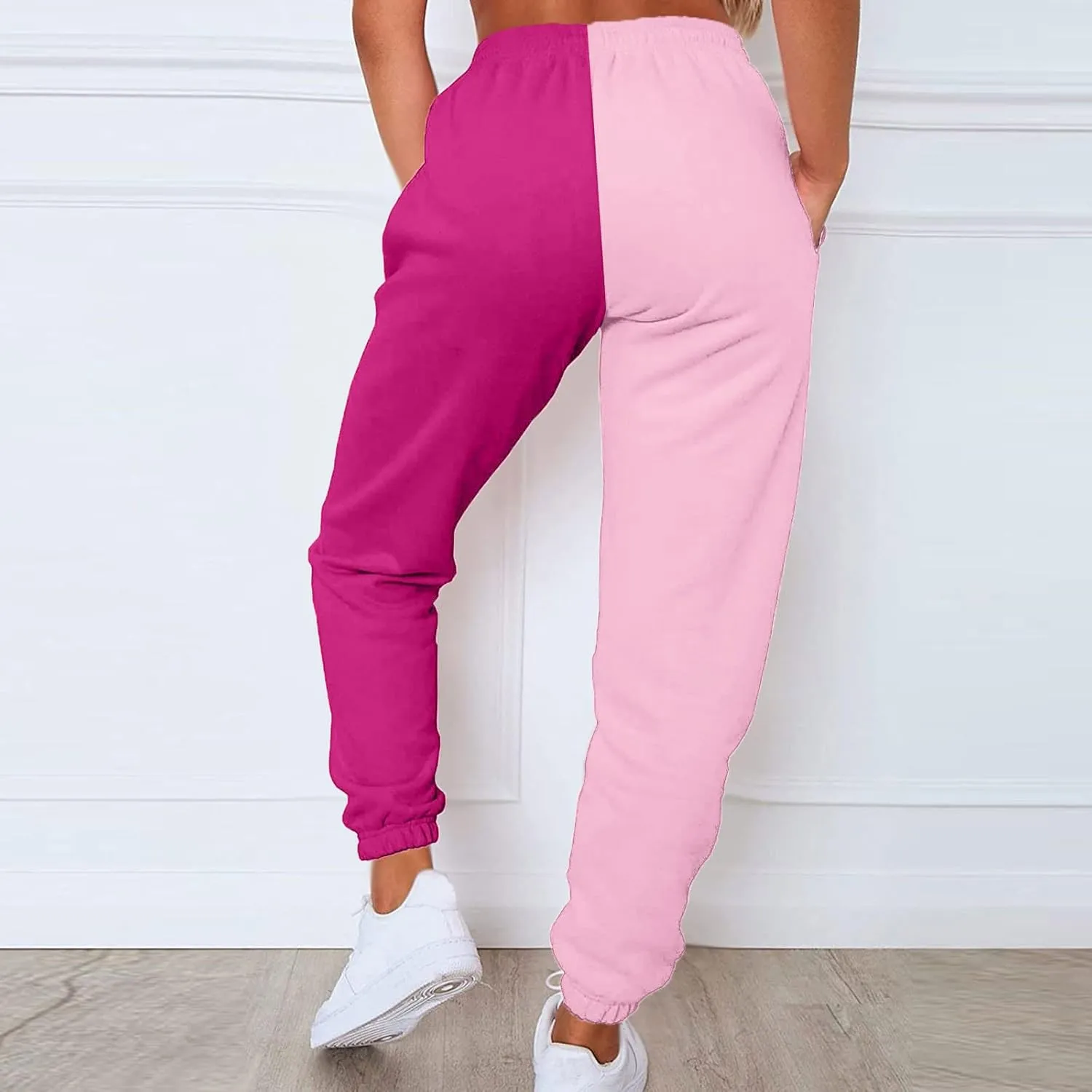 Women's Sweatpants Color Block Patchwork Trouser Elastic High Waist Joggers Baggy Pants with Multi-Pockets