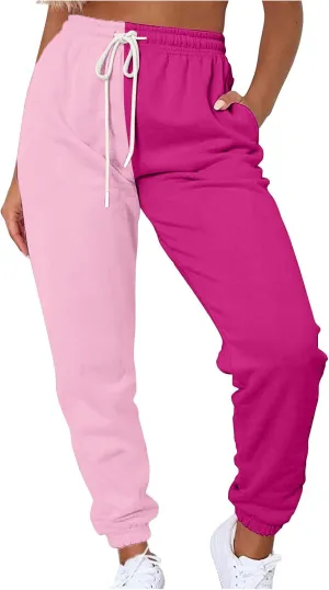 Women's Sweatpants Color Block Patchwork Trouser Elastic High Waist Joggers Baggy Pants with Multi-Pockets