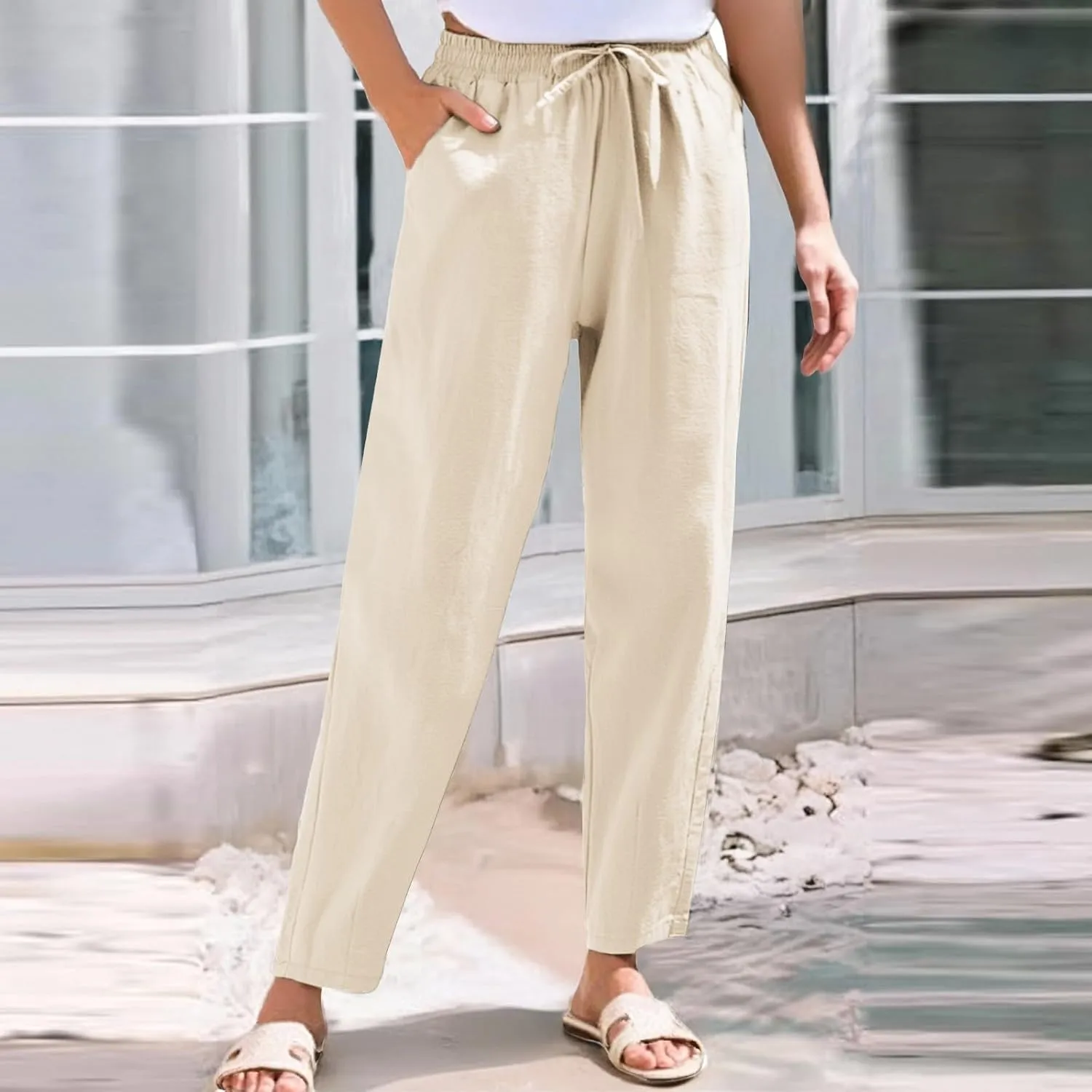 Womens Sweatpants, Peasant Pants Linen Straight Leg Casual Drawstring Cotton Plus Size