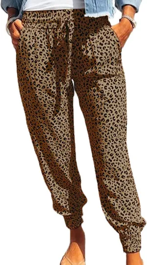 Womens Tapered Pants Leopard Print Drawstring Elastic High Waist Long Pants Loose Soft Casual Trousers with Pockets