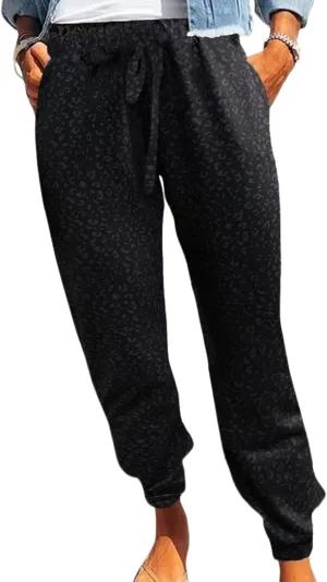 Womens Tapered Pants Leopard Print Drawstring Elastic High Waist Long Pants Loose Soft Casual Trousers with Pockets