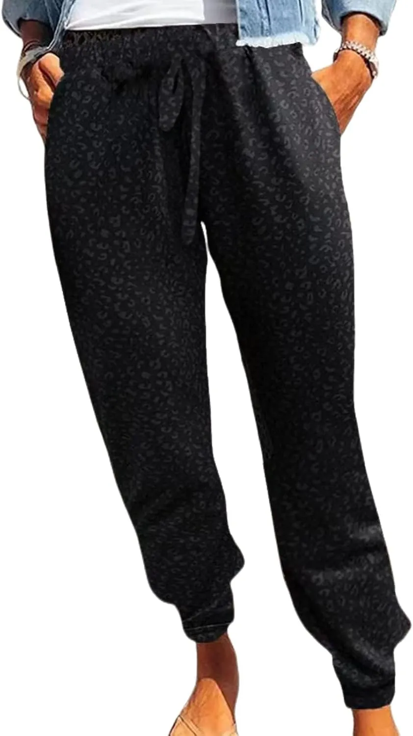 Womens Tapered Pants Leopard Print Drawstring Elastic High Waist Long Pants Loose Soft Casual Trousers with Pockets