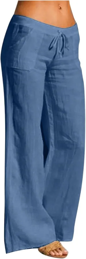 Women's Tie Knot Linen Pants Elastic Waist Long Wide Leg Palazzo Linen Trousers with Pockets Summer Beach Trousers