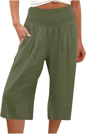 Womens Wide Leg Cropped Pants Loose Fit Smocked Elastic Waist Beach Palazzo Pant Comfy Flowy Solid Summer Trousers