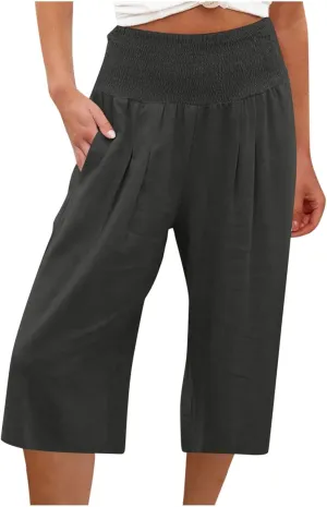 Womens Wide Leg Cropped Pants Loose Fit Smocked Elastic Waist Beach Palazzo Pant Comfy Flowy Solid Summer Trousers