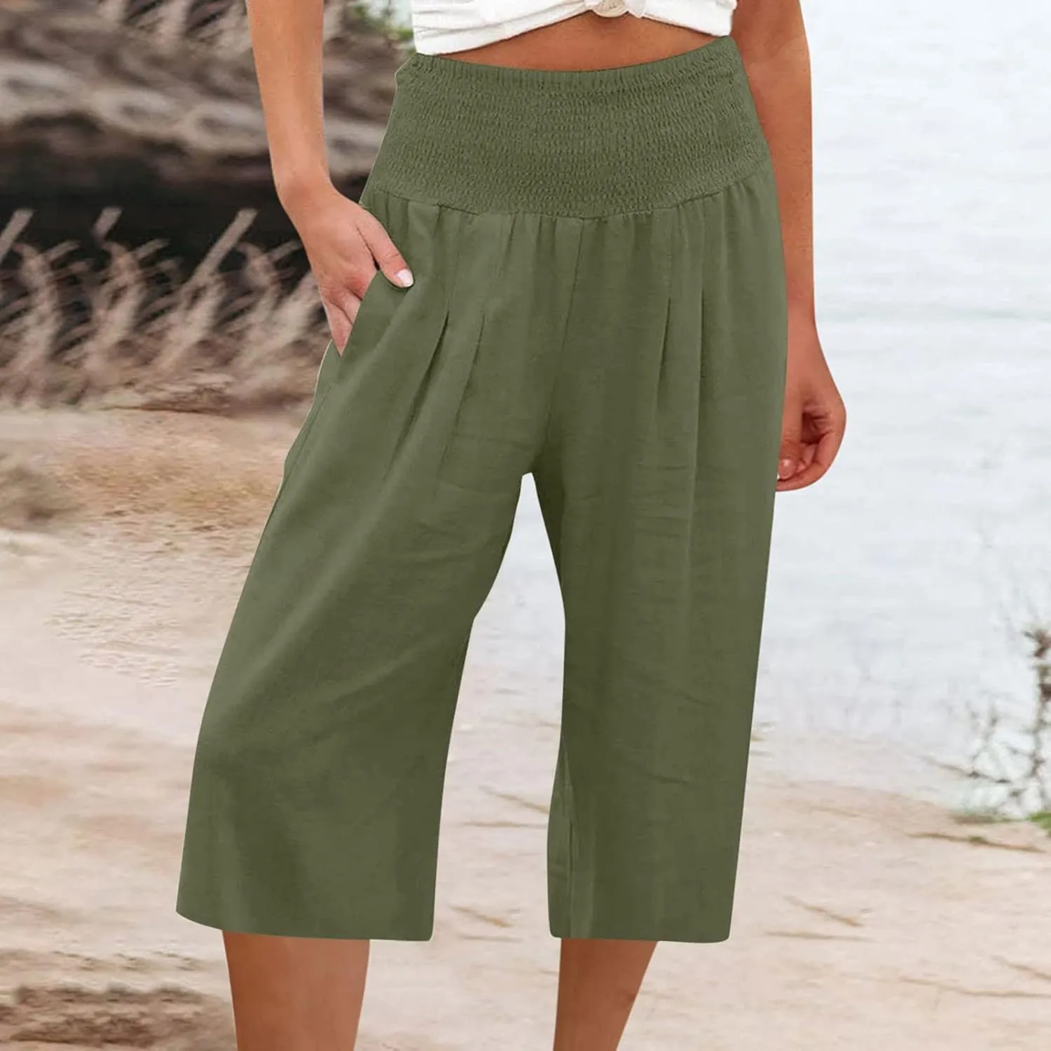 Womens Wide Leg Cropped Pants Loose Fit Smocked Elastic Waist Beach Palazzo Pant Comfy Flowy Solid Summer Trousers